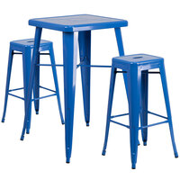 Flash Furniture CH-31330B-2-30SQ-BL-GG 24" Square Blue Metal Indoor / Outdoor Bar Height Table with 2 Square Seat Backless Stools