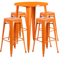 Flash Furniture CH-51090BH-4-30SQST-OR-GG 30" Round Orange Metal Indoor / Outdoor Bar Height Table with 4 Square Seat Backless Stools