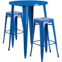 Flash Furniture CH-51090BH-2-30SQST-BL-GG 30" Round Blue Metal Indoor / Outdoor Bar Height Table with 2 Square Seat Backless Stools