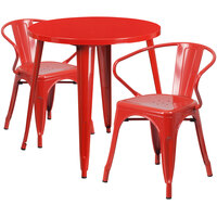 Flash Furniture CH-51090TH-2-18ARM-RED-GG 30" Round Red Metal Indoor / Outdoor Table with 2 Arm Chairs