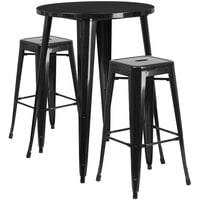 Flash Furniture CH-51090BH-2-30SQST-BK-GG 30" Round Black Metal Indoor / Outdoor Bar Height Table with 2 Square Seat Backless Stools