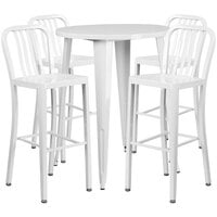 Flash Furniture CH-51090BH-4-30VRT-WH-GG 30 inch Round White Metal Indoor / Outdoor Bar Height Table with 4 Vertical Slat Back Stools