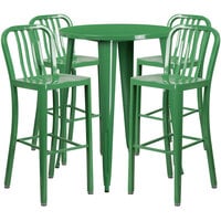 Flash Furniture CH-51090BH-4-30VRT-GN-GG 30" Round Green Metal Indoor / Outdoor Bar Height Table with 4 Vertical Slat Back Stools
