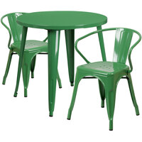 Flash Furniture CH-51090TH-2-18ARM-GN-GG 30" Round Green Metal Indoor / Outdoor Table with 2 Arm Chairs