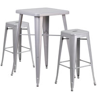 Flash Furniture CH-31330B-2-30SQ-SIL-GG 24" Square Silver Metal Indoor / Outdoor Bar Height Table with 2 Square Seat Backless Stools