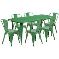 Flash Furniture ET-CT005-6-30-GN-GG 31 1/2" x 63" Rectangular Green Metal Indoor / Outdoor Dining Height Table with 6 Cafe Style Chairs