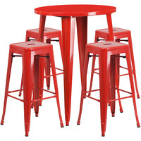 Flash Furniture CH-51090BH-4-30SQST-RED-GG 30" Round Red Metal Indoor / Outdoor Bar Height Table with 4 Square Seat Backless Stools