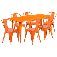Flash Furniture ET-CT005-6-30-OR-GG 31 1/2" x 63" Rectangular Orange Metal Indoor / Outdoor Dining Height Table with 6 Cafe Style Chairs