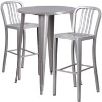 Flash Furniture CH-51090BH-2-30VRT-SIL-GG 30" Round Silver Metal Indoor / Outdoor Bar Height Table with 2 Vertical Slat Back Stools