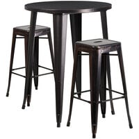 Flash Furniture CH-51090BH-2-30SQST-BQ-GG 30" Round Black-Antique Gold Metal Indoor / Outdoor Bar Height Table with 2 Square Seat Backless Stools