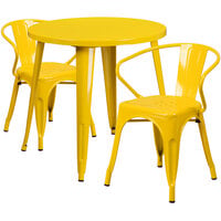 Flash Furniture CH-51090TH-2-18ARM-YL-GG 30" Round Yellow Metal Indoor / Outdoor Table with 2 Arm Chairs