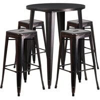 Flash Furniture CH-51090BH-4-30SQST-BQ-GG 30" Round Black-Antique Gold Metal Indoor / Outdoor Bar Height Table with 4 Square Seat Backless Stools