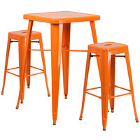 Flash Furniture CH-31330B-2-30SQ-OR-GG 23 3/4" Square Orange Metal Indoor / Outdoor Bar Height Table with 2 Square Seat Backless Stools
