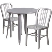 Flash Furniture CH-51090TH-2-18VRT-SIL-GG 30" Round Silver Metal Indoor / Outdoor Table with 2 Vertical Slat Back Chairs