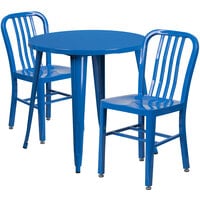 Flash Furniture CH-51090TH-2-18VRT-BL-GG 30 inch Round Blue Metal Indoor / Outdoor Table with 2 Vertical Slat Back Chairs