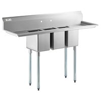 Regency 66 inch 16-Gauge Stainless Steel Three Compartment Commercial Sink with Galvanized Steel Legs and 2 Drainboards - 10 inch x 14 inch x 12 inch Bowls