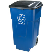 Carlisle 345050REC14 Bronco 50 Gallon Blue Rollout RECYCLE Rectangular Trash Can with Hinged Lid