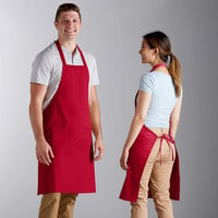 Choice Red Customizable Poly-Cotton Standard Bib Apron with 2 Pockets - 34" x 30"