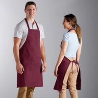 Choice Burgundy Poly-Cotton Standard Bib Apron with 2 Pockets - 34" x 30"