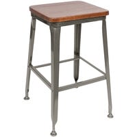 BFM Seating Lincoln Clear Coated Steel Backless Bar Stool with Ash Wooden Seat