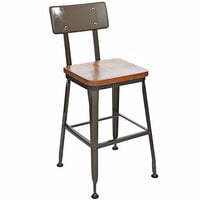 BFM Seating Lincoln Clear Coated Steel Bar Stool with Metal Back and Autumn Ash Wooden Seat