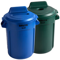 Rubbermaid BRUTE 32 Gallon 2-Stream Round Recycle Station with Green Bottle / Can and Blue Paper Slot Lids
