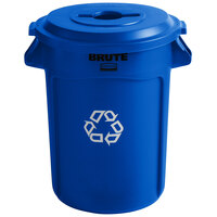 Rubbermaid BRUTE 32 Gallon Blue Round Recycling Bin with Mixed Recycle Lid