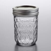 Ball 1440081200 8 oz. Half-Pint Quilted Crystal Regular Mouth Glass Canning Jar with Silver Metal Lid and Band - 12/Case