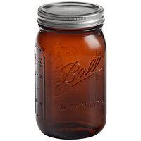 Ball 1440069046 32 oz. Quart Elite Amber Wide Mouth Glass Canning Jar with Silver Metal Lid and Band - 4/Pack