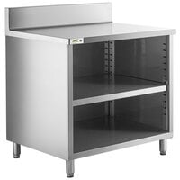 Regency 30 inch x 36 inch 16 Gauge Type 304 Stainless Steel Enclosed Base Open Front Table with Adjustable Midshelf and 6 inch Backsplash