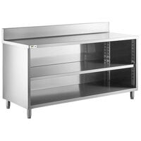 Regency 24 inch x 72 inch 16 Gauge Type 304 Stainless Steel Enclosed Base Open Front Table with Adjustable Midshelf and 6 inch Backsplash