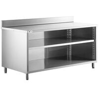 Regency 30 inch x 72 inch 16 Gauge Type 304 Stainless Steel Enclosed Base Open Front Table with Adjustable Midshelf and 6 inch Backsplash