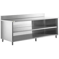 Regency 30 inch x 96 inch 16 Gauge Type 304 Stainless Steel Enclosed Base Open Front Table with Adjustable Midshelf and 6 inch Backsplash