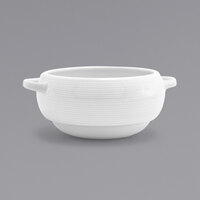 Front of the House DBO022WHP22 Spiral 10 oz. White Round Stackable Porcelain Soup / Cream Bowl with Handles - 6/Case
