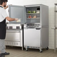 Beverage-Air UCF27AHC-24 and UCR27AHC-24 Double Stacked 27 inch Undercounter Freezer and Refrigerator with Left Hinged Doors and 6 inch Casters