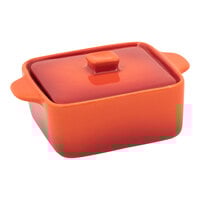 Front of the House DBO136ORC23 Kiln 8 oz. Blood Orange Square Stoneware Ovenware Dish with Lid - 12/Case