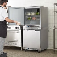 Beverage-Air UCF27AHC-24-23 and UCR27AHC-24-23 Double Stacked 27 inch Undercounter Freezer and Refrigerator with Left Hinged Doors and 3 inch Casters