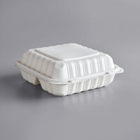 8 inch x 8 inch 3-Compartment Microwaveable White Mineral-Filled Plastic Hinged Take-Out Container - 150/Case