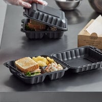 8 inch x 8 inch 3-Compartment Microwaveable Black Mineral-Filled Plastic Hinged Take-Out Container - 150/Case