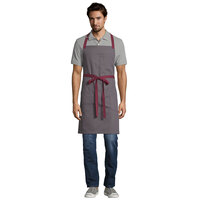 Uncommon Threads 3104 Slate Gray Customizable Poly-Cotton Rebel Bib Apron with Burgundy Webbing and 3 Pockets - 34 inchL x 36 inchW