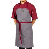 Uncommon Chef 3104 Slate Gray Customizable Poly-Cotton Rebel Bib Apron with Burgundy Webbing and 3 Pockets - 34" x 36"