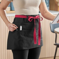 Uncommon Chef 3103 Black Customizable Poly-Cotton Beltway Waist Apron with Red Webbing and 3 Pockets - 14" x 30"