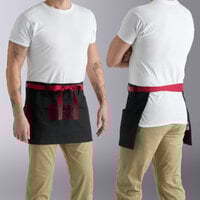 Uncommon Chef 3103 Black Customizable Poly-Cotton Beltway Waist Apron with Red Webbing and 3 Pockets - 14" x 30"