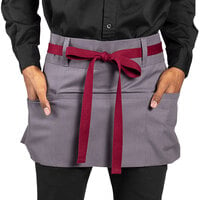 Uncommon Chef 3103 Slate Gray Customizable Poly-Cotton Beltway Waist Apron with Burgundy Webbing and 3 Pockets - 14" x 30"