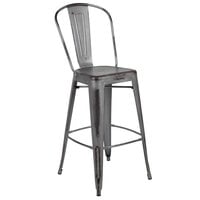 Flash Furniture ET-3534-30-SIL-GG 30" Distressed Silver Metal Bar Height Stool with Vertical Slat Back and Drain Hole Seat