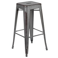 Flash Furniture ET-BT3503-30-SIL-GG 30" Distressed Silver Stackable Metal Bar Height Stool with Drain Hole Seat