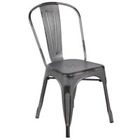 Flash Furniture ET-3534-SIL-GG Distressed Silver Stackable Metal Chair with Vertical Slat Back and Drain Hole Seat