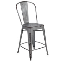 Flash Furniture ET-3534-24-SIL-GG 24" Distressed Silver Metal Counter Height Stool with Vertical Slat Back and Drain Hole Seat