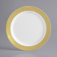 Visions 7 inch Bone / Ivory Plastic Plate with Gold Lattice Design - 150/Case
