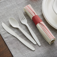 Hoffmaster 120010 CaterWrap 15 1/2 inch x 15 1/2 inch FashnPoint Pre-Rolled Red / White Stripe Dishtowel Print Dinner Napkin and EarthWise Cutlery Set - 100/Case